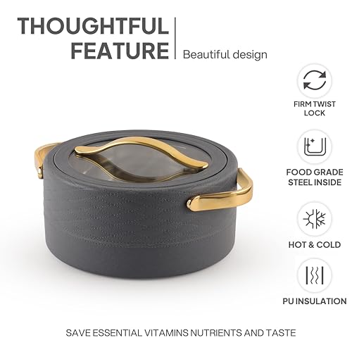 Image of CELLO Velvetto Deluxe 2000 Insulated Casserole Hot Box for Kitchen 2000 ml, Grey | Airtight See Through Lid Hot Pot Case Keeps Food Hot & Warm for Long Hours, Casserole Set for Roti, Rice & Biryani