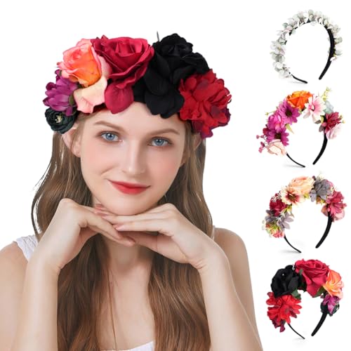 LOPHE Diadema Flores Mujer, Diadema Corona Flores, Flores Diadema Tiara, Corona de Flores Mexicanas, Diadema Floral Colores Fiesta, para Foto Fiesta Carnaval Boda Disfraz Halloween Navidad, D