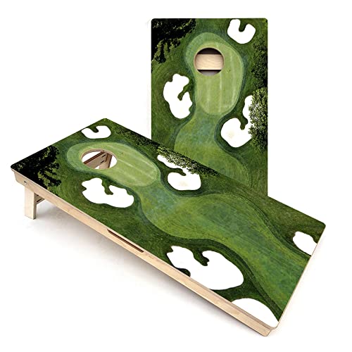 Skip's Garage Golf Course Themed All-Weather Cornhole Boards - Includes (2) Boards (Resin Bags) + (1) Carry Case, (2) Hole Lights & (2) Edge Lights