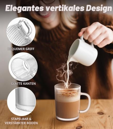Anhow 4er Cappuccino Tassen, 350ml Latte Macchiato Gläser mit Löffel Gläser Geriffelt Espresso Tassen Set Kaffeegläser für Latte/Cappuccino… – Ansicht 2