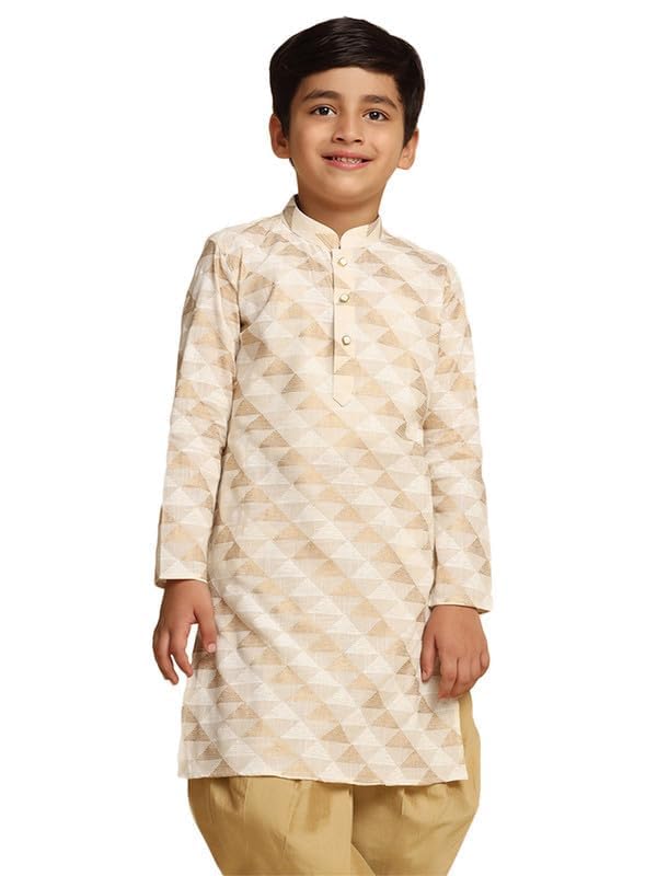 Kisah Boy's Kurta, White Cotton Blend, Abstract Long Sleeves Regular Fit Mandarin Collar|5-6 Years