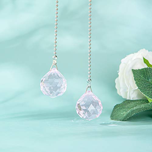 Image of Ceiling Fan Pull Chain, 2pcs 30mm Diameter Prism Ball Extension Chains with Decorative Light Bulb and Fan Cord (Pink)