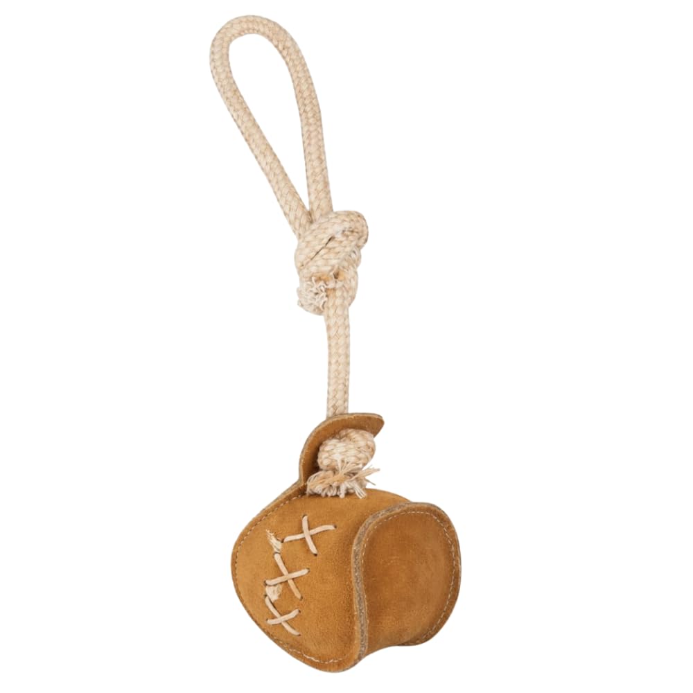 PAWPOURRI Natural Suede Leather and Rope Chew Toy for Medium to Large Dogs, Baseball Shape with Knotted Rope for Tug Play, Chewing Training, Daily Use