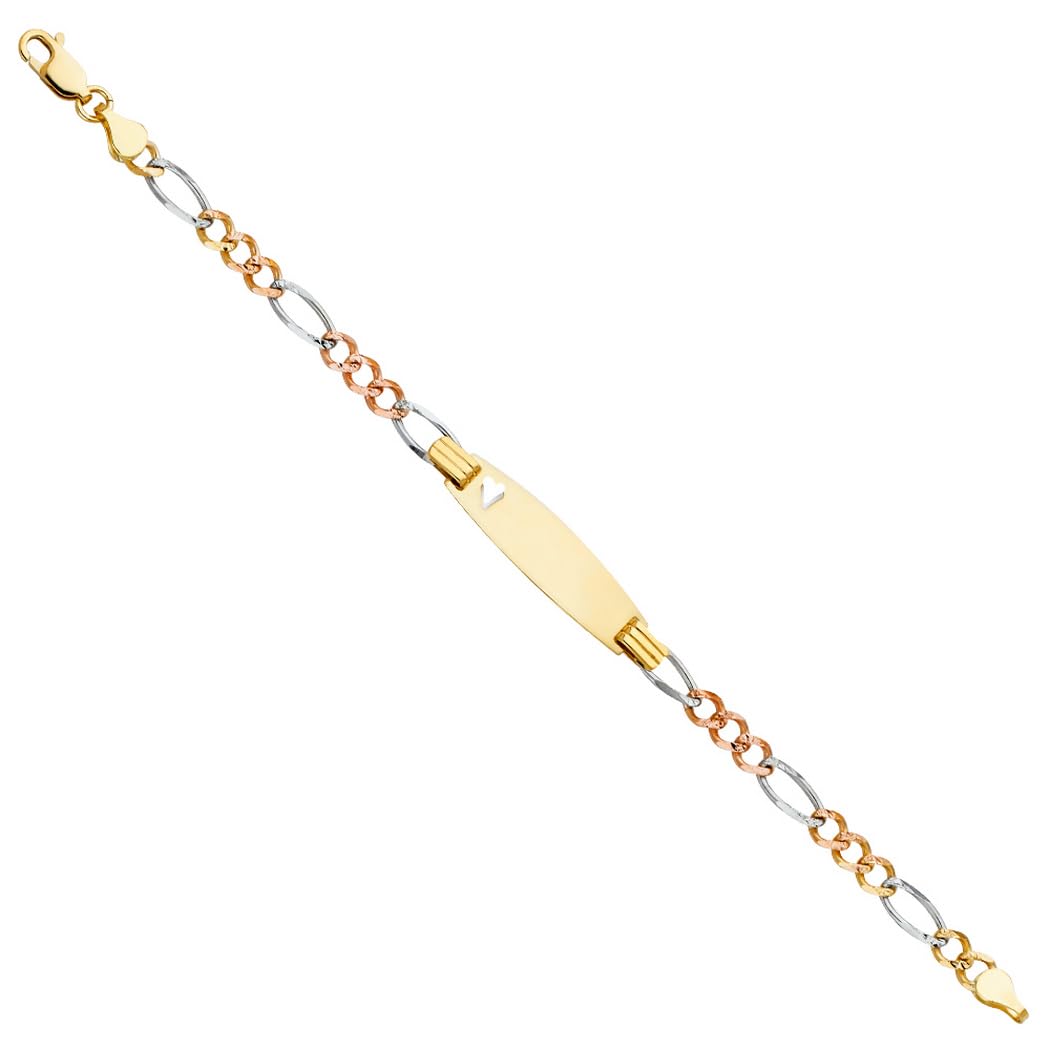 Armband aus 14 Karat Gelbgold, Weißgold und Rotgold, Figaro, 3 plus 1 Glieder, 4 mm, oval, für Jungen und Mädchen, Schmuck für Frauen