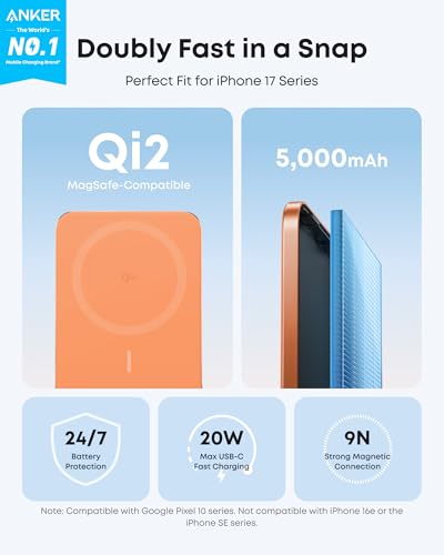 Image of Anker Nano MagSafe Portable Charger, Ultra-Slim 5,000mAh Magnetic Wireless Power Bank, Qi2-Certified 15W Max, Compact for Travel, Ergonomic Design, for iPhone 17 /16 Series, and More