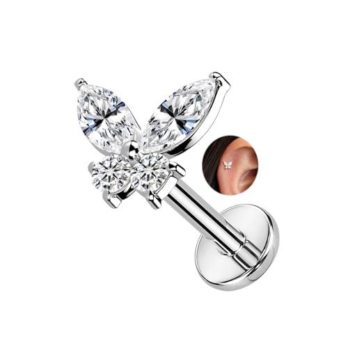 ALACLO 14K White Gold Cartilage Earring for Women, 16G 6mm Threadless Flat Back Top Push in, Butterfly Tragus Helix Labret Lip Stud Piercing Jewelry