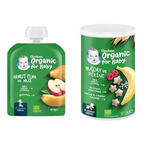Gerber organik bebek maması seti (Meyve püresi ve tahıllı atıştırmalık, 90 g ve 35 g)