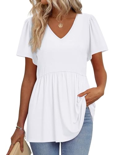 Image of OFEEFAN Womens Summer Tops Babydoll Short Sleeve Shirts Puff Sleeve Peplum Tops V Neck T Shirts