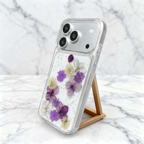 Coque iPhone 17 Pro Max esthétique violet pailleté avec fleurs séchées - 5