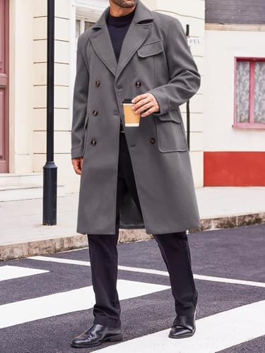Image of Runcati Mens Trench Coat Notch Lapel Double Breasted Peacoat Wool Blend Casual Long Overcoat