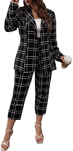 WDIRARA Women's Plus Size 2 Piece Outfit Plaid Button Front Blazer and Pants Set Black 2XL