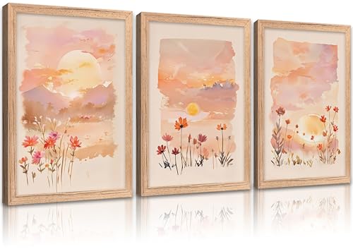 3 Pieces Watercolor Sunset Canvas Wall Art Blush Pink Wildflowers Painting Picture Wall Decor Boho Nature Poster Print Artwork for Living Room Bedroom Bathroom Home Decoration Framed