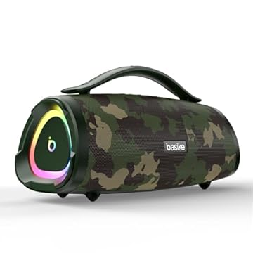 Basike Caixa de Som Bluetooth Portátil 100W RMS (160W Pico), TWS Estéreo, Modos EQ, Microfone Integrado, Luzes RGB, IPX6, 12h de Bateria para Home Theater, Festa e Exterior – Cor Camuflada