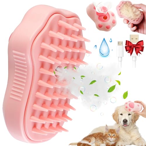 Pink 3-In-1 Self-Cleaning Pet Brush with Water Spray, Massaging Steamer for Shedding, Removing Tangles from Dogs and Cats