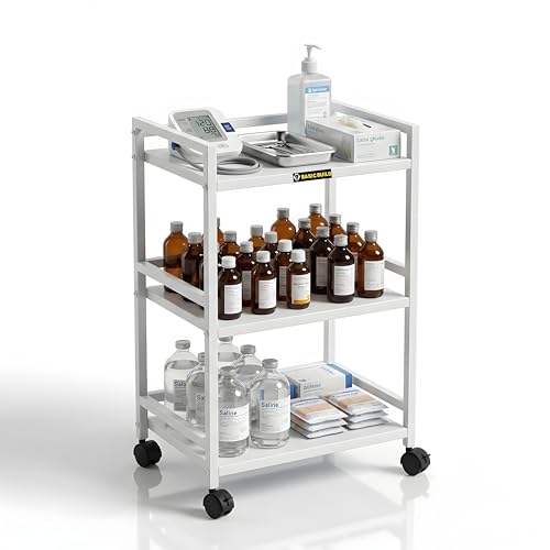 Image of Premium 3-Tier Metal Hospital Trolley with 4 Smooth Castor Wheels | Medical Instrument & Surgical Equipment Cart for Clinics, OT, Doctors & Hospitals (White)