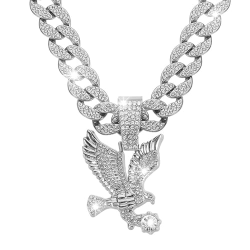 Xikui Rhinestone Necklace Chain 18K Gold Plated Hip Hop Pendant with Cuban Link Width 13MM Length 19.7in(50cm) Ice Out Jewelry Gifts(silver eagle)