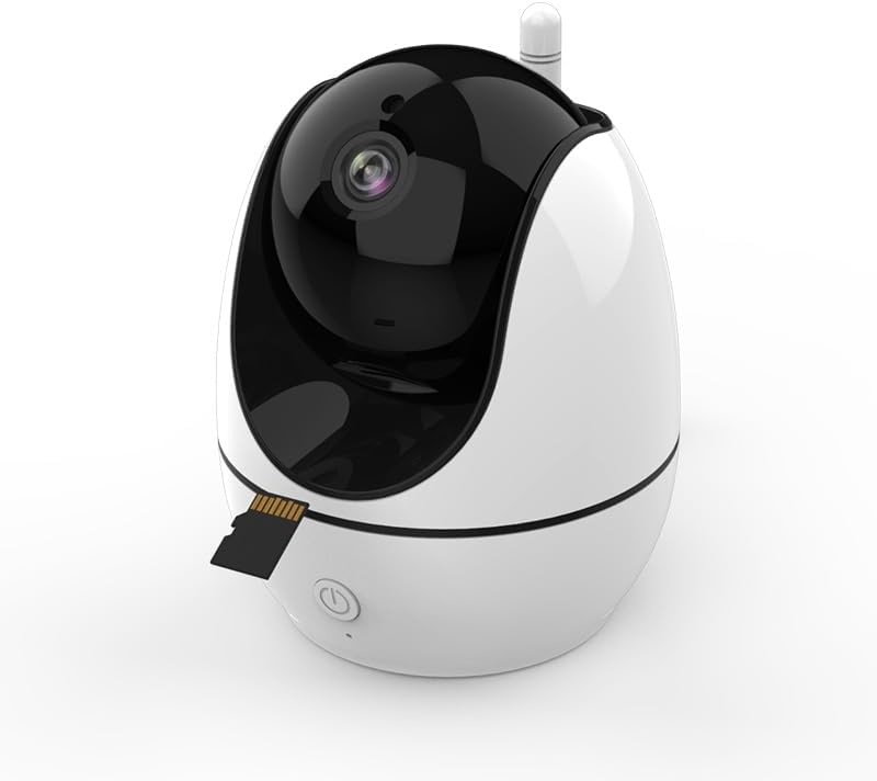 Generic ABM200 baby unit (camera) showing its dome-shaped design, lens, and an inserted SD card on the side.