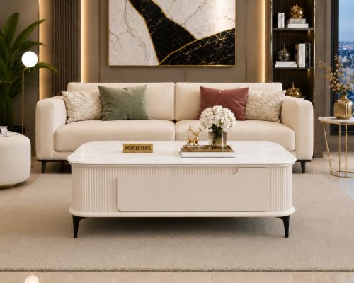 Image of WOODEN SPACE Premium Solo Marble-Top Wooden Center Table for Living Room | Iron Legs | PVD Coating | Modern Entryway Furniture | Coffee Table (Cream, 42x42x18 Inch)
