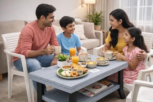 Image of Royal Multipurpose Plastic Coffee Table with Storage Shelf | Ash Grey | Premium Wood Texture Finish | Comfortable Living Room, Bedroom & Balcony Table | Dimensions: 82.5 x 52.5 x 42.5 CM