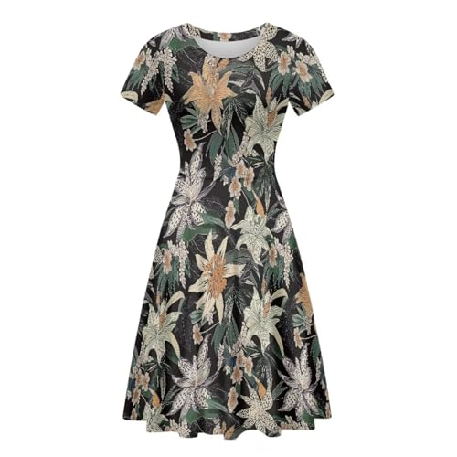 Image of HUGS IDEA Womens Puffy Swing Midi Dress Round Neck Short Sleeve Party A-Line Dresses