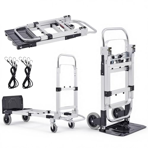 CREWORKS Carrello Pieghevole 2 in 1 Capacità 270 kg, Carrello Portapacchi con Ruote Girevoli Bloccabili e 2 Cinghie, Carrello in Lega di Alluminio Regolabile in Altezza per Casa, Magazzino, Ufficio