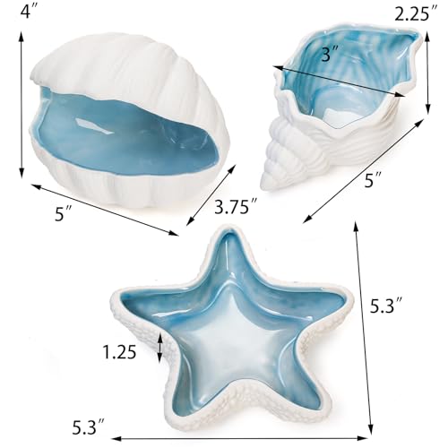 TOPZEA 3 Pack Ceramic Jewelry Tray, Conch Starfish Aqua Shell Shaped Trinket Dish Ocean Themed Trinket Plate Decorative Earring Rings Bracelet Holder for Dresser, Bedroom, Entryway, Beach Room Decor - Image 2