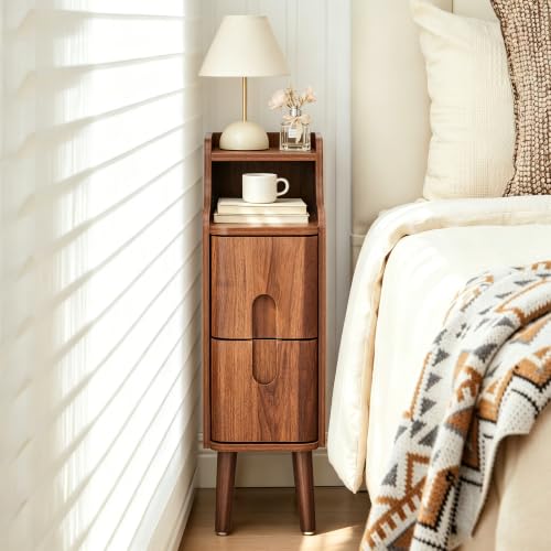 Image of FurSch Narrow Nightstand, Wooden 2 Drawer, Walnut, 1 pc
