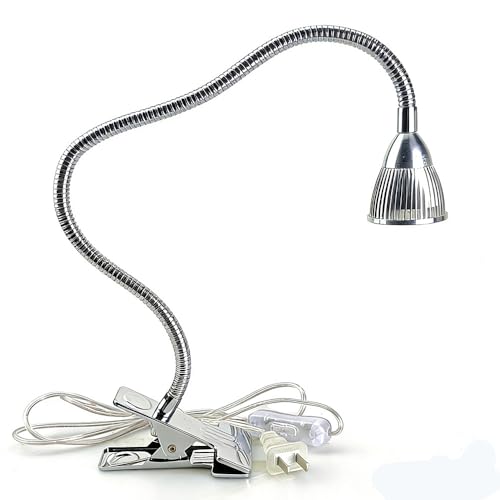 QUANS 5W 5x1W Warm White Clamp Clip on 19inch Flexible Gooseneck High Power LED Desk Table Sewing Study Work Bedside Reading Swing Arm Light Lamp,Ultra Bright Silver 110V US Plug