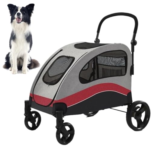 大型犬用犬用ベビーカー、調節可能なハンドルとデュアルエントリーを備えたペット用ベビーカー、ユニバーサルホイールを備えたワンクリック折りたたみ式犬用ベビーカー,赤