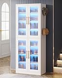 Tribesigns Tall Shoe Storage Cabinet with Acrylic Doors and LED Lights, 8-Tier Entryway Shoe Organizer Rack with Adjustable Shelves and Hanging Hooks for Narrow Closet, Hallway, Living Room, White