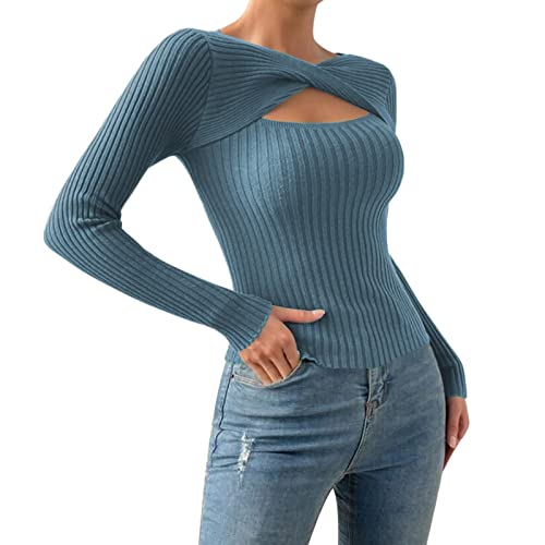 Pull Femme Chic et Elegant Soiree Sexy Pull Cache Coeur Manche Longue Profond Pullover tricoté cotele Chaud et Doux Haut Thermique Hiver Slim fit Ultra Confortable Ideal Pull-Over (Blue, S)