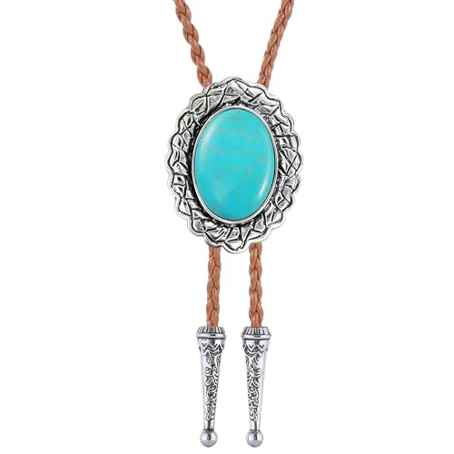 Image of Jeilwiy Bolo Tie for Men Real Stone Westwern Cowboy Ties Silver Bolos Women Leather Necktie Gift for Birthday Christmas