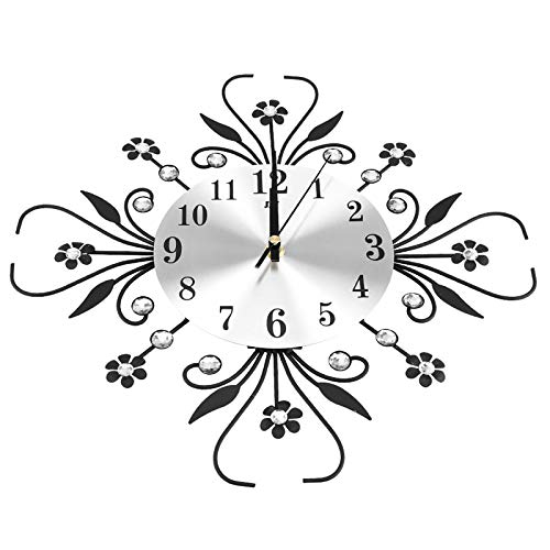 Diamond-studded Metal Needle Wall Clock, Modern Fashion Round Design Silver Diamond Flower