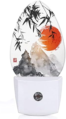 Swono Japanese Nature Ink Painting Night Light with Dusk to Dawn Sensor Bamboo Trees Red Sun Mountains Night Lights Plug into Wall Men Women Bedroom Living Room Decorative LED Lamp