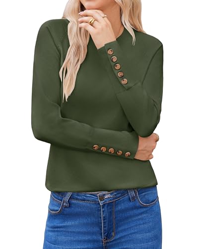 HOTOUCH Jumpers for Women UK Long Sleeve Tops Autumn Winter Sweaters Knitted Jumper Crew Neck Pullover Solid Color Sweatshirt ArmyGreen L