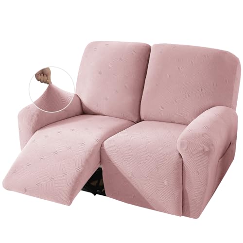 JIVINER Loveseat Recliner Covers, Jacquard 4 Piece Recliner Sofa Cover with Pockets Washable Lazy Boy Reclining Couch Protector with Elastic Bottom (Recliner Loveseat, Dusty Pink)