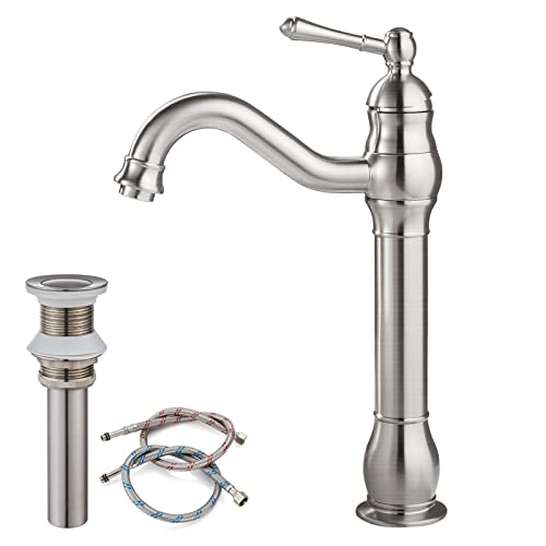 Gotonovo Brushed Nickel Bathroom Vessel Sink Faucet With Pop Up Drain Single Lever Handle 1 Hole Bowl Sink Mixer Tap Tall Spout Lavatory Vanity cover