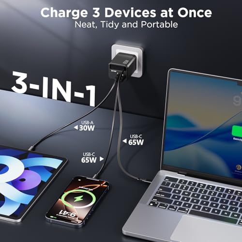 USB C Ladegerät 65W Einziehbares Ladekabel GaN Netzteil mit Ladekabel 3-Port, Retractable Charger, Schnellladegerät für Reise für MacBook Pro/Air, Galaxy S-A Serie, für iPhone 16-8 Serie, iPad, Handys