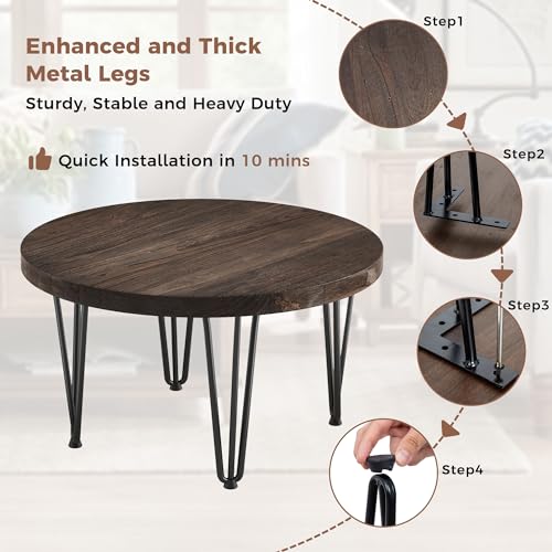 FLYJOE Rustic Wood Round Coffee Table with Metal Legs, Solid Elm Wood Top and Non-Slip Feet Pads - Farmhouse Style for Living Room, Walnut - Thumbnail 7