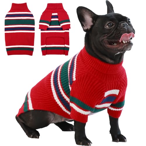 IECOii Dog Sweaters for Large Dogs,Large Dog Sweater for Male Female Dogs,Warm Christmas Dog Sweater,Striped Girl Dog Sweater Pet Winter Clothes for French Bulldog,Boston Terrier,Red Dog Swe