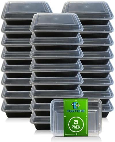 Fonteme Single Compartment Meal Prep - 25 Pack - Big Container with Airtight Lid – Freezer, Microwave & Dishwasher Safe – Stackable – BPA Free Plastic – Rectangular Meal Prep Container (Black) 28oz