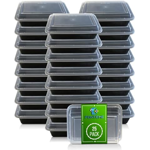 Fonteme Single Compartment Meal Prep - 25 Pack - Big Container with Airtight Lid – Freezer, Microwave & Dishwasher Safe – Stackable – BPA Free Plastic – Rectangular Meal Prep Container (Black) 28oz Cover