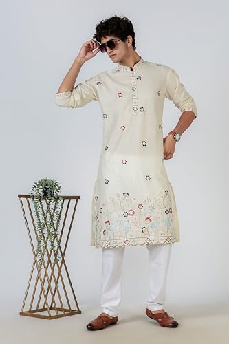 Image of BE ACTIVE Men's Cotton | Regular Fit Casual Mandarin Collar | Long Length Full Sleeves | Embroidered Indian Kurta