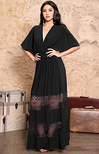 Koh Koh Petite Womens Long Sexy Summer Spring V-Neck Half Short Kimono Sleeve Sundress Lace Flowy Casual Empire Waist Boho Bohemian Tall Beach Elegant Maxi Dress Gown, Black S 4-6 #TOP2