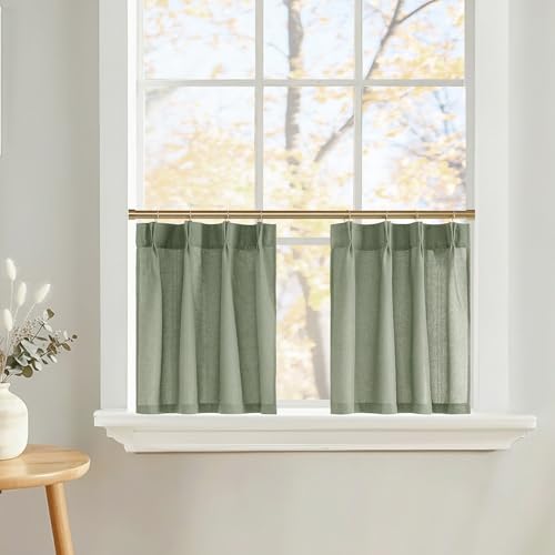 NICETOWN Pinch Pleated Linen Kitchen Curtains 24 Inches Long, 2 Panels Set Sage Green Farmhouse Light Filtering Short Curtains for Cafe Bar Living Roo