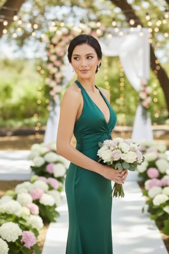 Fokissy V Neck Satin Bridesmaid Dresses for Women Ruched Long Mermaid Backless Prom Dresses4