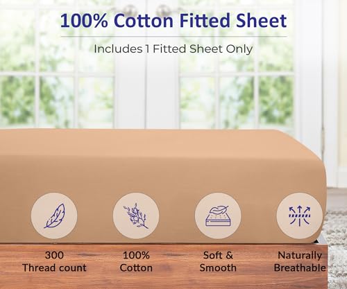 Image of ROYALE LINENS 300 Thread Count 100% Long Staple Combed Cotton Fitted Sheet California King - Super Soft Deep Pocket Bottom Sheet - Fitted Sheets Only - Elastic Sheets (Cal King, Sand)