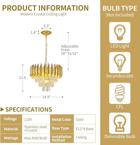 Image of Modern Crystal Chandelie Pendant Crystal Jhumar | for Home| Chandelier for Restaurant | Jhoomar for Hotel | Light Fixture (400MM Full Gold)