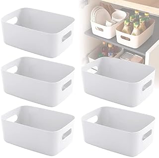 5 PCS White Plastic Storage Boxes Small, with Handle Storage Baskets for Shelves, Kitchen, Office, Fridge, Bathroom and Home, Mini Storage Boxes Rectangle - 8.2×5.5×2.7 Inch