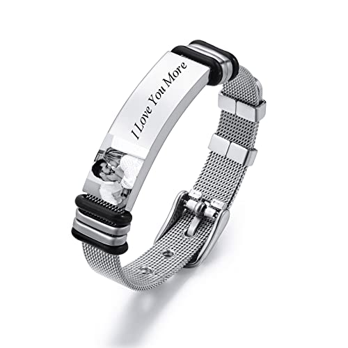 INBLUE Personalizada de Acero Inoxidable para Hombre Pulsera Grabada con Fotos/Texto/Nombre Regalos de Joyería para Novio Padre Hermano (Foto + Texto, Plata)